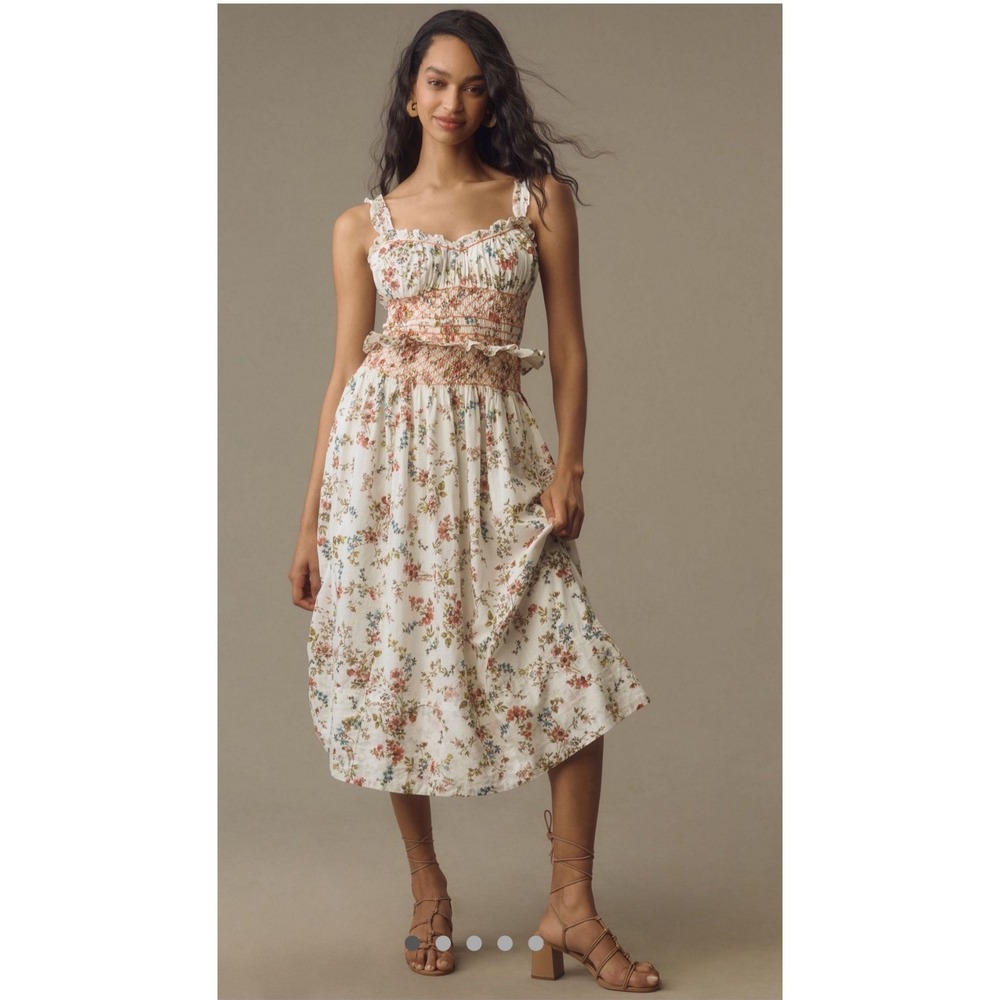 Anthropologie Sleeveless Smocked-Waist Ruffled Midi Dress Neutral Floral